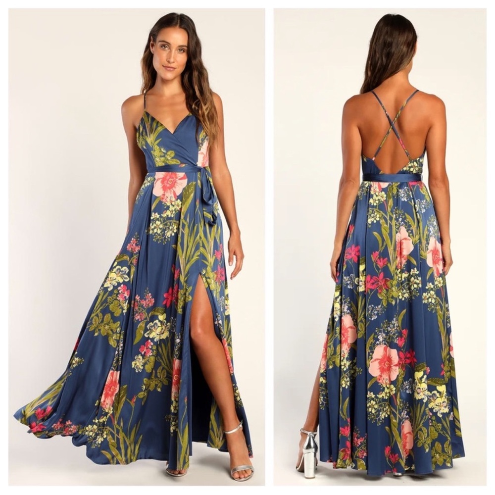 Lulu's Navy Floral Wrap Maxi Dress with Pink & Green Blooms